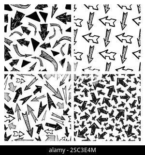 Nahtloses Muster mit schwarzen, handgezeichneten Pfeilen. Set aus vier kreativen abstrakten Hintergründen. Vektorabbildung Stock Vektor