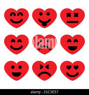 Set aus neun Zeichentrickherzen mit Emotionen. Emoji-Symbol in Liebessymbolen. Vektorabbildung Stock Vektor