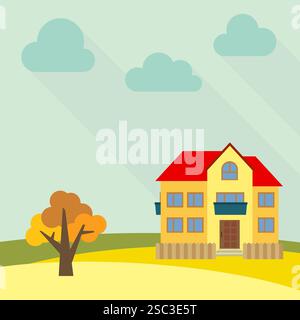 Einsames zweistöckiges Haus auf einem Feld mit einem gelben Baum. Vektorabbildung. Stock Vektor