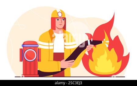 Die Feuerwehr löscht das Feuer aus. Mann in Schutzuniform mit Feuerlöschschlauch löscht Feuer mit Wasser. Sicherheit und Schutz. Gefährlich Stock Vektor