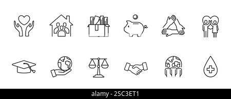 Human Care-Symbole gesetzt. Hände mit Herz und Planet. Freiwilligenarbeit und Wohltätigkeitsorganisation. Großzügigkeit und Freundlichkeit. UI- und UX-Designelemente für Website. Flach Stock Vektor