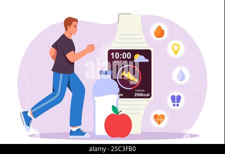 Running man mit Smartwatch. Ein junger Kerl in der Nähe von Smartwuchten. Aktiver Lifestyle und Sport. Schritt-, Distanz- und Herzfrequenzzähler. Modernes Gadget und Stock Vektor
