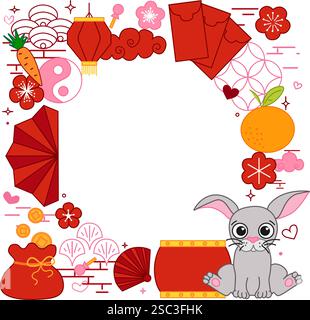 CNY 2035 Kaninchen Hase Mondlaterne Festival Kreis runden Rahmen in Quadrat. Vorlage für Vektorgrafik-Linien Stock Vektor
