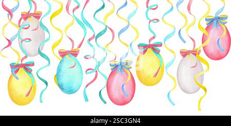 Nahtloser Oberrand mit gelben, blauen, weißen und rosafarbenen Eiern, die an farbigen Bändern mit Schleifen hängen. Osterferien-Clipart. Handgezeichnetes Wasserkolo Stockfoto