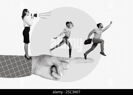 Collagenfoto von jungen Geschäftsleuten, weibliche Chefsrednerinnen, direkte Fingerschrei-Mikrofon-Befehlsmanager, isoliert auf lackiertem Hintergrund Stockfoto