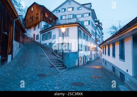 Zürich, 24. Januar 2025: Allgemeiner Blick aus der Züricher Innenstadt und dem Kanal. Stockfoto