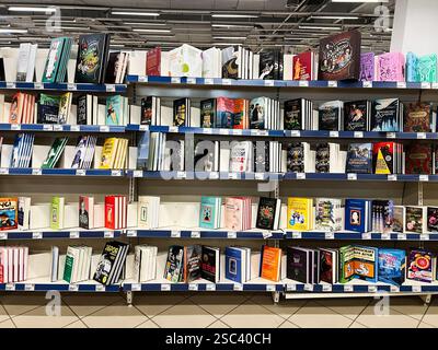Kiew, Ukraine - 4. Februar 2025: Regale mit bunten Büchern in einer modernen Ladenumgebung organisiert. Stockfoto