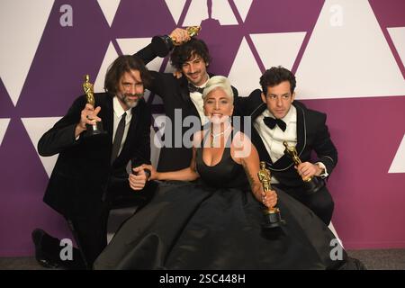 Andrew Wyatt, Anthony Rossomando, Mark Ronson und Lady Gaga im Presseraum während der 91. Annual Academy Awards im Dolby Thetare am 24. Februar 2019 in Hollywood, Kalifornien Stockfoto