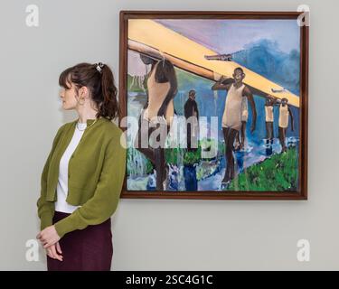 London, Großbritannien. Februar 2025. Die Ausstellungsmitarbeiter der ersten institutionellen Umfrage des amerikanischen Künstlers Noah Davis (1983–2015) in Großbritannien versammeln über 50 Werke aus figurativer Malerei, Skulptur und Papierarbeiten. Diese große Ausstellung findet bis zum 11. Mai 2025 in der Barbican Art Gallery statt. Quelle: Imageplotter/Alamy Live News Stockfoto