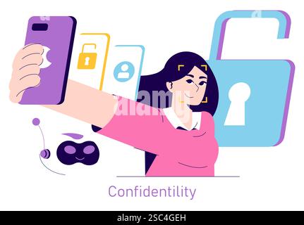 Digitales Datenschutzkonzept. Eine Frau verwendet biometrische Authentifizierung auf ihrem Telefon mit sicheren Technologiesymbolen im Hintergrund. Vektorabbildung. Stock Vektor