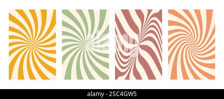 Set mit groovigem Streifen-Design. Handgezeichnete groovige Hippie-Hintergründe. Y2K-Ästhetik. Verzerrte Drallstreifen, verzerrte Streifen, flüssige Flüssigkeitslinien, Kritzeleien Stock Vektor