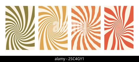 Set mit groovigem Streifen-Design. Handgezeichnete groovige Hippie-Hintergründe. Y2K-Ästhetik. Verzerrte Drallstreifen, verzerrte Streifen, flüssige Flüssigkeitslinien, Kritzeleien Stock Vektor