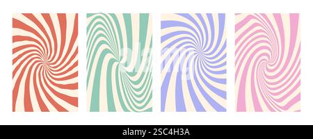 Set mit groovigem Streifen-Design. Handgezeichnete groovige Hippie-Hintergründe. Y2K-Ästhetik. Verzerrte Drallstreifen, verzerrte Streifen, flüssige Flüssigkeitslinien, Kritzeleien Stock Vektor