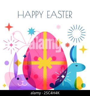 Happy Easter-Banner, Poster mit bunten Kaninchen, Häschen und Eiern. Vektorabbildung. Geometrisches Farbdesign. Weihnachtsfeier Dekoration, ich Stock Vektor
