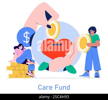 Care Fund-Konzept. Großzügigkeit und Unterstützung durch Wohltätigkeitsspenden. Große Hand, die einem herzförmigen Fonds zuteil wird, wenn die Menschen einen Beitrag leisten. Vektorabbildung. Stock Vektor