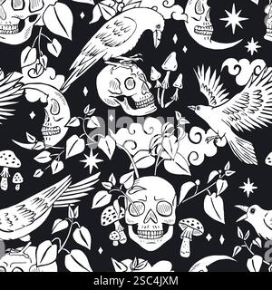 Nahtloses Schwarz-weiß-Muster mit handgezeichneten Tintenrabben oder Krähen, die auf menschlichen Schädeln sitzen Stock Vektor