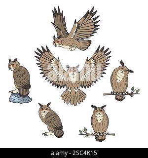 Set von Hand gezeichneter Linienart Adler-Eulen sitzen und fliegen isoliert auf weißem Hintergrund Stock Vektor
