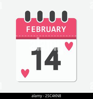 14. Februar. Symbol für den valentinstag. Rosa Kalender, zwei kleine Herzen. Weißer Hintergrund. Vektorabbildung. Stock Vektor
