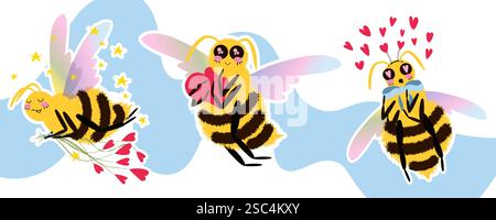 Set niedlicher Karikaturbienen. Flauschige Bee Charaktere mit bunten Flügeln in verschiedenen Posen romantisch, fliegendes und haltendes Herz, Blumen. Vektorabbildung Stock Vektor