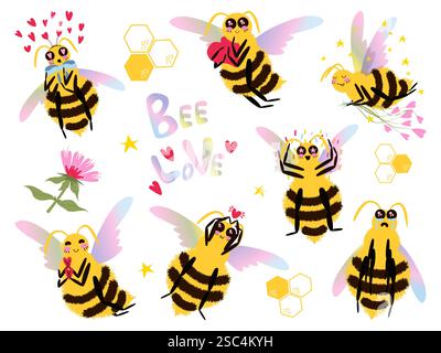 Ein Set glücklicher Bienen. Flauschige Bee-Charaktere mit regenbogenfarbenen Flügeln in verschiedenen Posen. Skurrile und stilisierte Vektorillustrationen. Stock Vektor