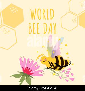Weltbienentag-Vektor-Illustration mit niedlicher Biene, Blume, Honigwabe. Quadratisches Vorlagenkonzept für Banner, Poster, Web, Flyer Stock Vektor