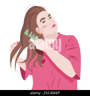 Die junge Frau putzt die Haare. Selbstpflegefrau mit Schönheitsalltag. Wellness Lifestyle Branding. Vektorabbildung in abgewickelter Form. Isoliert Stock Vektor