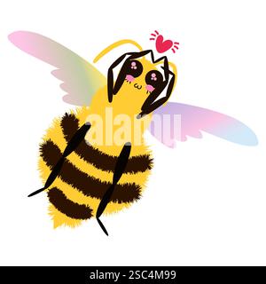 Entzückender Bienencharakter mit regenbogenfarbenen Flügeln, die das Herz fliegt. Romantische und süße Cartoon-Biene. Skurrile und stilisierte isolierte Vektorillustration Stock Vektor