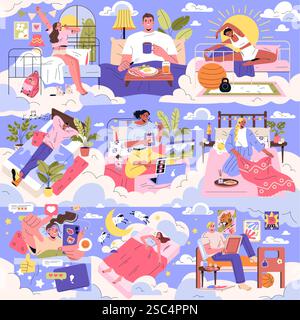 Das Bett verrottete Lifestyle-Illustration. Eine visuelle Darstellung von Entspannung und Selbstversorgung zu Hause. Bietet verschiedene Szenen von Einzelpersonen, die ihre Freizeitaktivitäten komfortabel genießen. Ruft Gefühle der Ruhe und Zufriedenheit hervor. Vektorabbildung. Stock Vektor