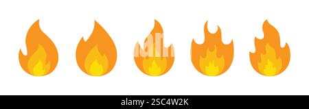Feuersymbolsatz, Vektorillustration, gelbes Feuersymbol, animiertes Feuersymbol in verschiedenen Stilen. Stock Vektor