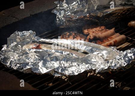 BBQ-Forelle, Sauages und Burger. Forelle in Folie. Sommerparty. Stockfoto