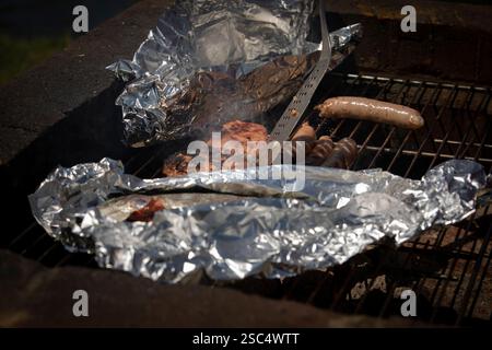 BBQ-Forelle, Sauages und Burger. Forelle in Folie. Sommerparty. Stockfoto