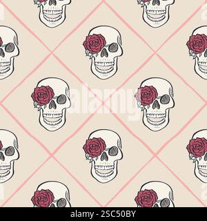 Nahtloses Muster mit handgezeichneten menschlichen Schädeln und Rosenblüten im Spalier Stock Vektor