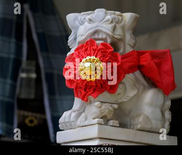 Ein traditioneller chinesischer Löwe aus Stein, der mit einer leuchtend roten Rosette verziert ist, ziert den Eingang zu einem Haus in der Everitt Road in Katong, Singapur Stockfoto