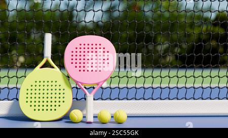 Farbenfrohe Paddel und Bälle vor der Kulisse eines Tennisplatzes, perfekt für Sommerspaß. 3D-Rendering Stockfoto