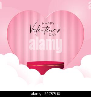 Happy valentine Day rosa Hintergrund mit Zylinder Podium und Wolken. Geometrische Vektorplattform. Abstrakte Modellproduktanzeige. Minimale Szene. Stock Vektor