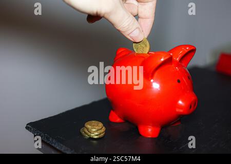 Schweinebank auf einem Holztisch rote Schweinebank und Hand Geld Hand wirft Münze in Schweinebank Stockfoto