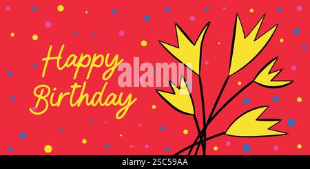 Happy Birthday Illustration mit gelben Blumen und bunten Konfetti auf rotem Hintergrund Stock Vektor