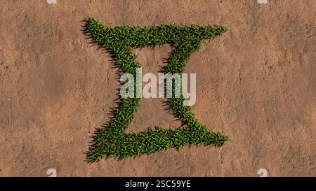 Konzept Konzept grün Sommer Rasen Gras Symbolform auf braunem Boden oder Erde Hintergrund, Zeichen des gemeni Tierkreiszeichens. Symbol für 3D-Abbildung Stockfoto