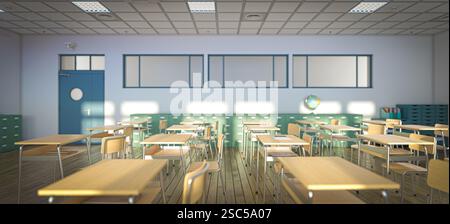 3D leeres Klassenzimmer, Holztische und -Stühle, Lernkonzept Stockfoto