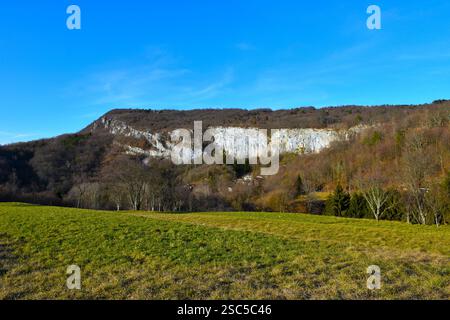 Blick auf die Kalksteinklippe oberhalb von Podtabor in Notranjska, Slowenien Stockfoto