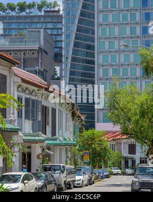 Farbenfrohe, historische Häuser säumen die Emerald Hill Road in Singapur. Stockfoto