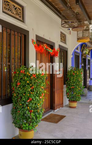 Farbenfrohe, historische Häuser säumen die Emerald Hill Road in Singapur. Stockfoto