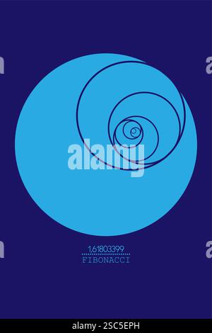 Fibonacci Sequenzkreis. Goldenes Verhältnis. Geometrische Formen spiralförmig. Hellblaue Kreise in goldener Proportion, minimalistisches flaches Design. Vektorlogo Stock Vektor