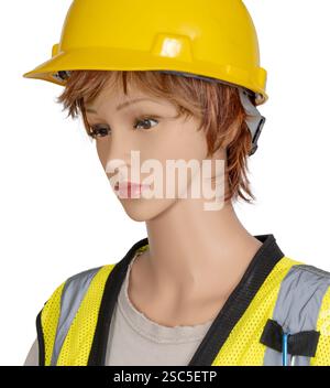 Vertikale Nahaufnahme einer weiblichen Puppe in Baukleidung von der Brust nach oben. Stockfoto