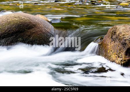 Aus nächster Nähe sehen Sie einen kleinen Wasserfall, der über Felsen in einem Bach stürzt. Das Wasser, das bei langer Belichtung erfasst wird, erzeugt einen glatten, fließenden Effekt. Stockfoto
