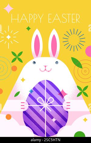 Weißer Osterhase mit gestreiftem osterei in den Pfoten. Geometrische Illustration des Vektorfeiertags des Kaninchens. Partybanner, Poster, Dekoration, Einladung, Greeti Stock Vektor