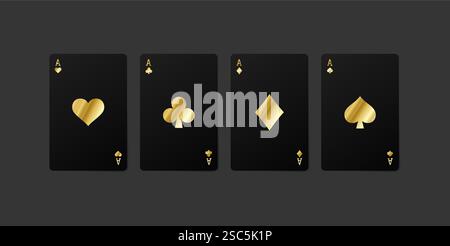 Vier goldene schwarze Rassen, die Kartenanzüge spielen. Herzen, Pik, Diamanten, Anzug-Karten. Stock Vektor