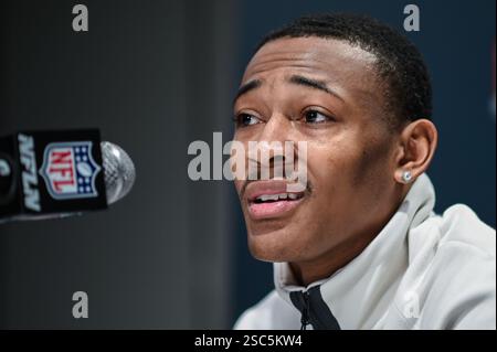 Philadelphia Eagles Wide Receiver, DeVonta Smith, während einer Medienkonferenz im Hilton New Orleans Riverside. USA. Die Kansas City Chiefs treffen am Sonntag im Super Bowl LIX auf die Philadelphia Eagles. Bilddatum: Mittwoch, 5. Februar 2025. Stockfoto