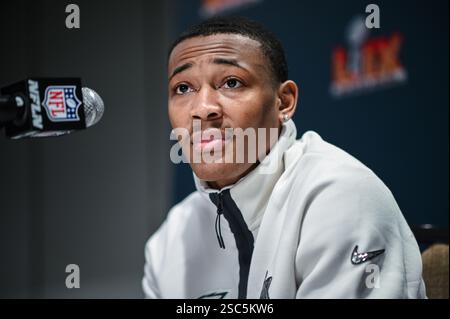 Philadelphia Eagles Wide Receiver, DeVonta Smith, während einer Medienkonferenz im Hilton New Orleans Riverside. USA. Die Kansas City Chiefs treffen am Sonntag im Super Bowl LIX auf die Philadelphia Eagles. Bilddatum: Mittwoch, 5. Februar 2025. Stockfoto