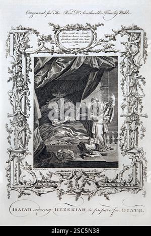 Kupferstich von Jesaja, die Hiskiah zur Vorbereitung auf den Tod (Könige) aus dem Antike 1780 die Familienbibel von Reverend Dr Southwell (The Univer) Stockfoto